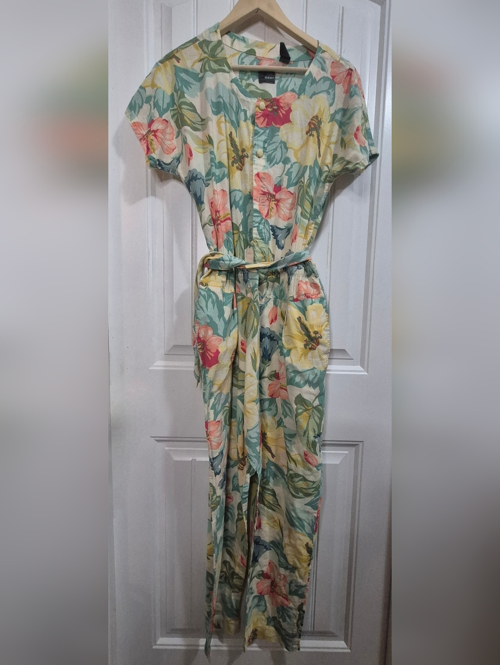 Vintage Liz Wear Belted Cotton Floral Jump Suit Womens Size Large